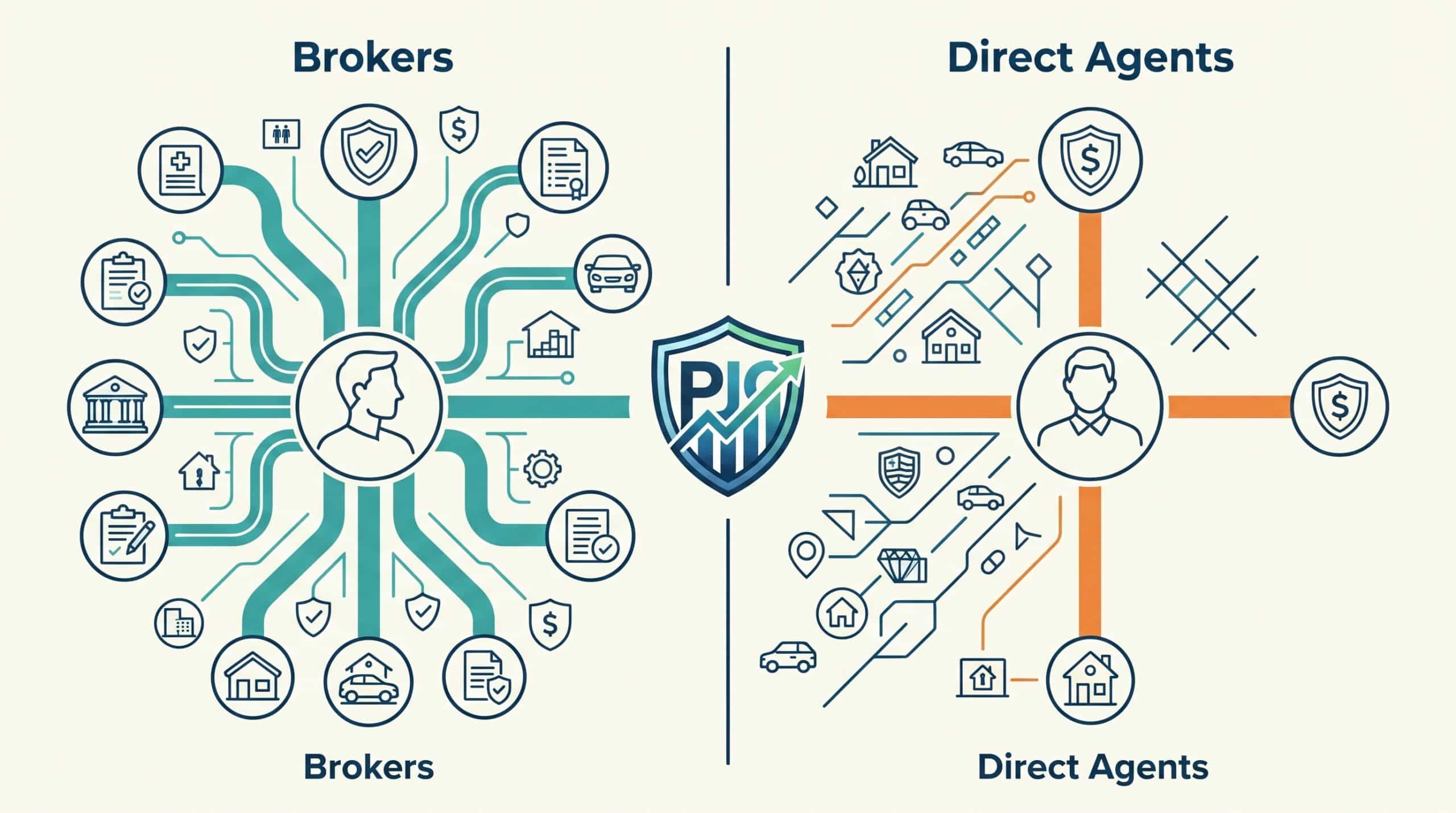 Diagram contrasting a broker with access to many insurance carriers against a direct agent's single carrier
