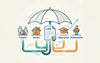 Life insurance shown as an umbrella covering four needs: family, home, education and retirement