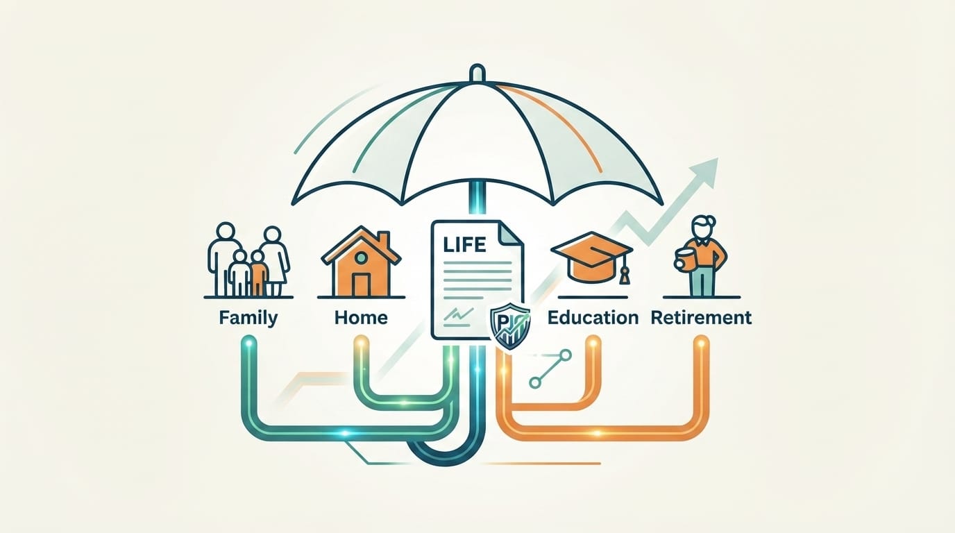 Life insurance shown as an umbrella covering four needs: family, home, education and retirement